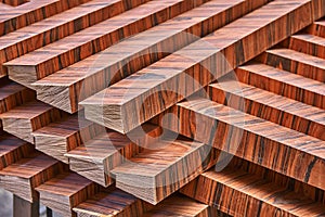 Joinery. Wood veneer wall panels elements are covered with dust. Rosewood reconstituted veneer. Furniture manufacturing