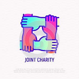 Joint charity thin line icon: four hands holding each other for wrist. Modern vector illustration of support and teamwork