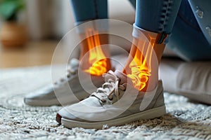 Joint inflammation, foot pain, woman suffering from feet ache at home, podiatry concept, AI Generated