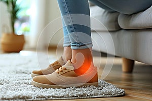 Joint inflammation, foot pain, woman suffering from feet ache at home, podiatry concept, AI Generated