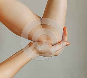 Joint injuries, fatigue at work. Area of the injury, the image on a clean background.