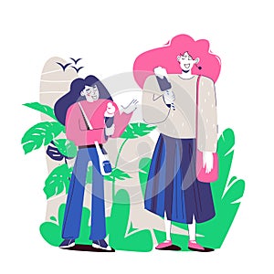 joint leisure of mother and teenage daughter in the fresh air outdoor. Easy pastime with ice cream. Vector illustration