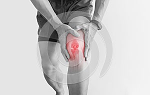 Joint pain, Arthritis and tendon problems. a man touching nee at pain point, on white background photo