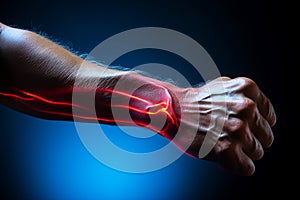 Joint pain, hands. Male hand with red highlighted areas and neon background
