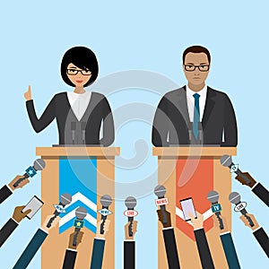 Joint press conference. Hands of different journalists hold microphones. Press release. Cartoon politicians speaks
