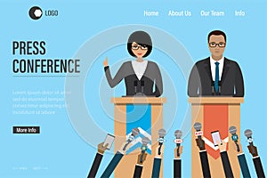 Joint press conference landing page template. Hands of different journalists hold microphones. Press release