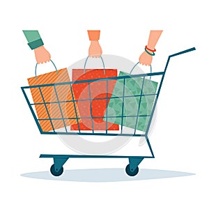 Joint purchases. Three hands and three shop bags. Shopping cart. Vector photo