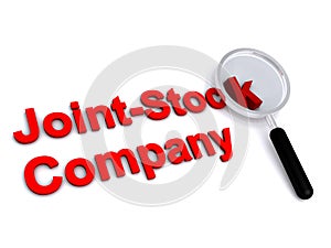 Joint stock company with magnifying glass on white