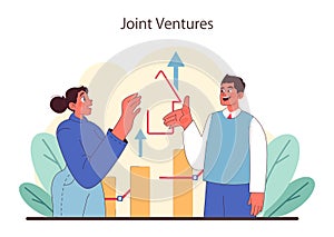 Joint Ventures concept. Professionals discussing growth strategies