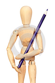 Jointed wooden mannequin with a blue pencil