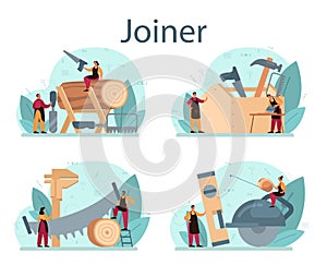 Jointer or carpenter concept set. Builder wearing helmet and overalls