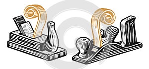 Jointer plane and shavings symbol. Carpentry work, wood workshop or joiner craft studio emblem. Carpenter tool logo