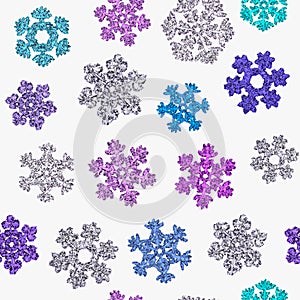 Jointless texture of different snowflakes on white background