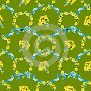 Jointless tiles with Dandelion Wreaths and blue ribbons