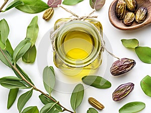 Jojoba plant and jojoba oil in glass jar with seeds on white