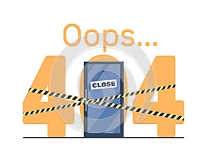 Joke 404 error page design template with closed door and barricade tapes. Web banner design. Webpage failure. Problems