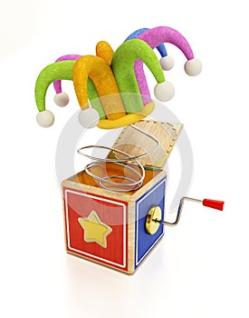 Joke surprise box with jester hat isolated on white background. 3D illustration