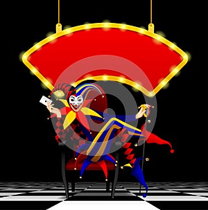 Joker with an Ace playing card in the hand seated in the red chair under a cambered illuminated signboard against a black photo