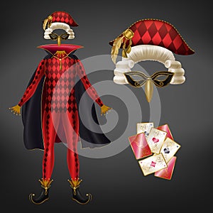 Joker costume and playing cards realistic vector