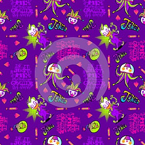 Joker and dynamite boom doodle illustration with typography seamless pattern photo