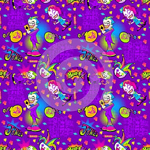 Joker and dynamite boom doodle illustration with typography seamless pattern photo