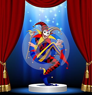 Joker with playing cards and mirror in blue light on the round p