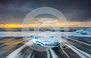 Jokulsarlon black sand beach at sun rise, Iceland