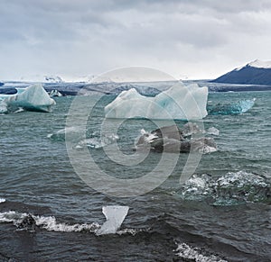 Jokulsarlon glacial lake, lagoon with ice blocks, Iceland. Situated near the edge of the Atlantic Ocean at the head of the