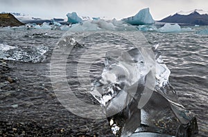 Jokulsarlon glacial lake, lagoon with ice blocks, Iceland. Situated near the edge of the Atlantic Ocean at the head of the