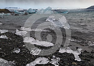 Jokulsarlon glacial lake, lagoon with ice blocks, Iceland. Situated near the edge of the Atlantic Ocean at the head of the