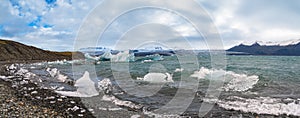 Jokulsarlon glacial lake, lagoon with ice blocks, Iceland. Situated near the edge of the Atlantic Ocean at the head of the