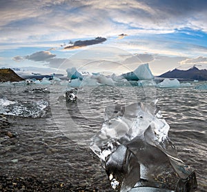 Jokulsarlon glacial lake, lagoon with ice blocks, Iceland. Situated near the edge of the Atlantic Ocean at the head of the