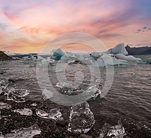 Jokulsarlon glacial lake, lagoon with ice blocks, Iceland. Situated near the edge of the Atlantic Ocean at the head of the