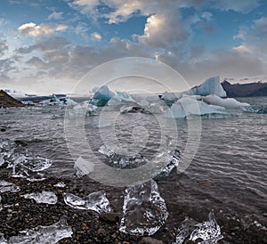 Jokulsarlon glacial lake, lagoon with ice blocks, Iceland. Situated near the edge of the Atlantic Ocean at the head of the