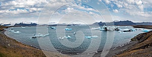 Jokulsarlon glacial lake, lagoon with ice blocks, Iceland. Situated near the edge of the Atlantic Ocean at the head of the