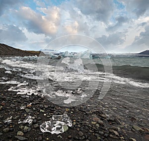 Jokulsarlon glacial lake, lagoon with ice blocks, Iceland. Situated near the edge of the Atlantic Ocean at the head of the