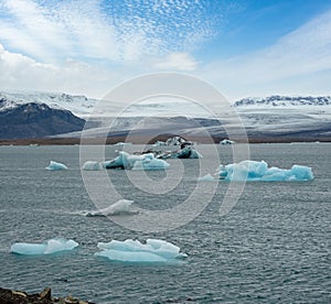 Jokulsarlon glacial lake, lagoon with ice blocks, Iceland. Situated near the edge of the Atlantic Ocean at the head of the