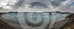 Jokulsarlon glacial lake, lagoon with ice blocks, Iceland. Situated near the edge of the Atlantic Ocean at the head of the