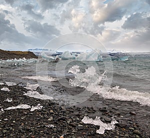 Jokulsarlon glacial lake, lagoon with ice blocks, Iceland. Situated near the edge of the Atlantic Ocean at the head of the