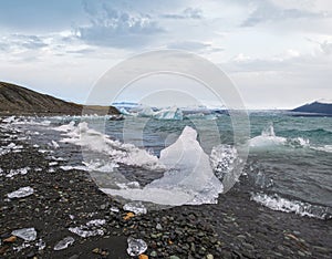 Jokulsarlon glacial lake, lagoon with ice blocks, Iceland. Situated near the edge of the Atlantic Ocean at the head of the