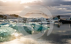 Jokulsarlon Glacier Lagoon in Iceland during a summer sunset