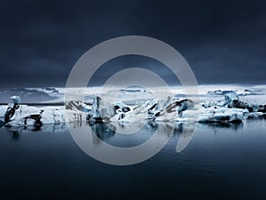 Jokulsarlon glacier lagoon, Vatnajokull national park, Iceland. Ocean bay and icebergs. Summer season. Natural Icelandic landscape