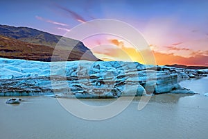 Jokulsarlon, glacier and lake at Iceland at sunset