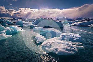 Jokulsarlon - May 05, 2018: Stunning blocks of ice in the Iceberg lagoon of Jokulsarlon, Iceland