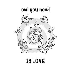 Joky handwritten inscription and cute hand-drawn owl. Pun lettering. Vector illustration.