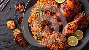 jollof rice adorned with succulent chicken pieces and golden fried plantain, a quintessential dish of West African