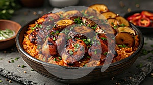 jollof rice adorned with succulent chicken pieces and golden fried plantain, a quintessential dish of West African