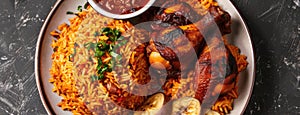 jollof rice adorned with succulent chicken pieces and golden fried plantain, a quintessential dish of West African