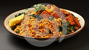 Jollof rice is a West African dish of rice cooked in a tomato-based sauce flavored with spices.