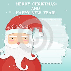 Jolly cartoon Santa Clause, winter forest background, Christmas